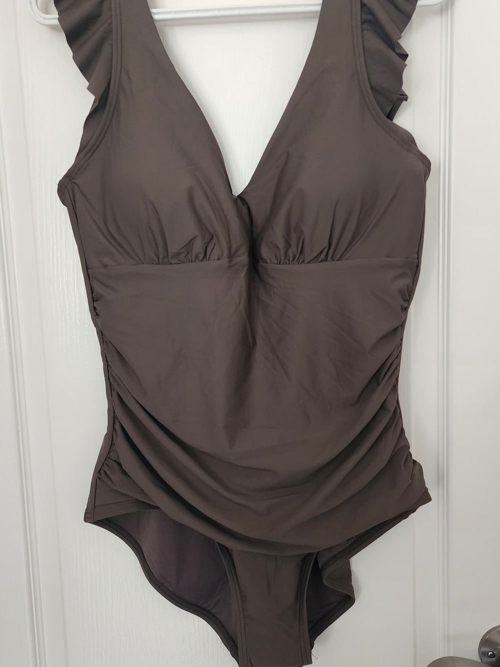 DKNY Chocolate Taupe One-Piece Swimsuit with Ruffle Straps